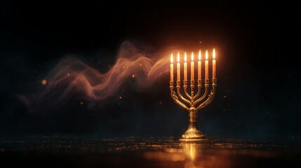 Elegant golden menorah with glowing candlelight on dark festive background for Hanukkah greetings, holiday banners, religious celebrations and seasonal designs