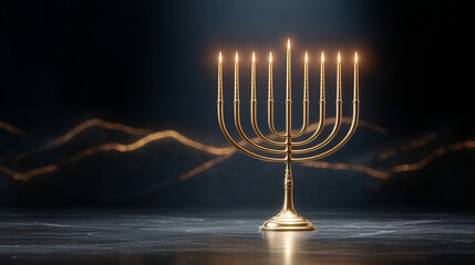 Elegant golden menorah with glowing candlelight on dark festive background for Hanukkah greetings, holiday banners, religious celebrations and seasonal designs