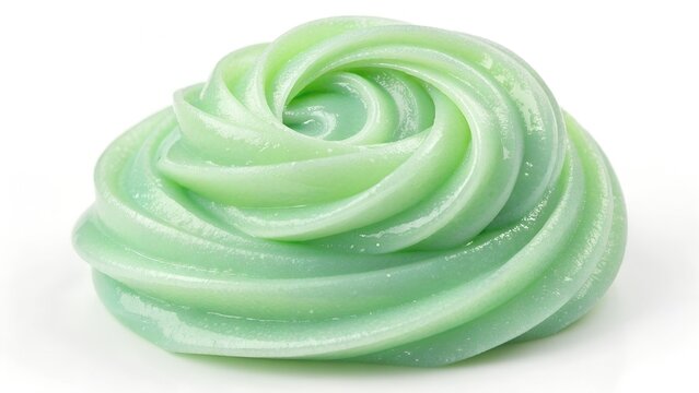 Swirling Light Green Slime Toy on White Background with Glitter Sparkles Studio Lighting