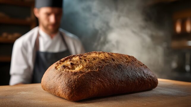 A freshly baked artisan loaf of bread with steam rising presented in a warm bakery setting with a blurred baker in the background - Powered by Adobe