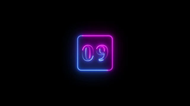 Number - 9 nine with rectangle neon text animation on black background. Glowing neon digital text font style animation.