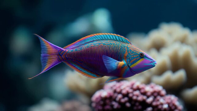 Rainbow colored fish swimming in coral reef 