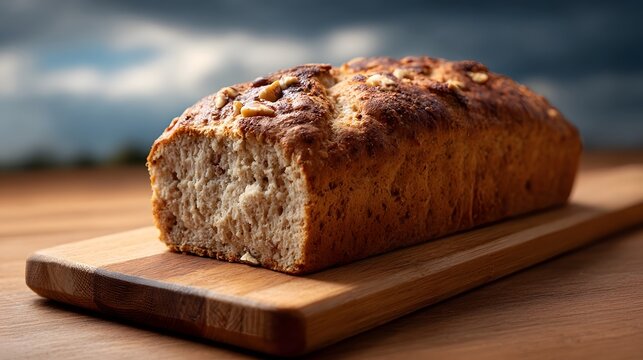 A rustic loaf of nutty bread on a wooden cutting board with a dramatic cloudy sky background - Powered by Adobe