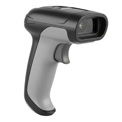 Modern wireless barcode scanner with ergonomic grey handle for retail store inventory check