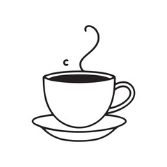 Steaming Hot Coffee Cup on a Saucer Drawn in Minimal Line Art Style Vector Illustration for Drink and Cafe Themes