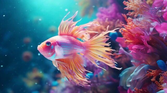 Color lionfish swimming near coral 