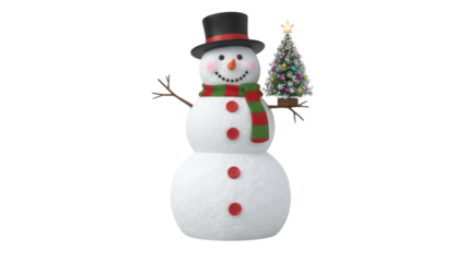 Smiling Snowman with Black Top Hat and Red Green Scarf Holding Decorated Christmas Tree Isolated