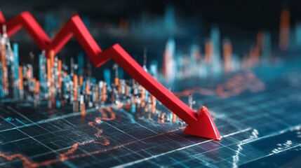 Statistical Graph Showing Significant Decline with Red Arrow Representing Financial Losses and Market Downturn in Digital Data Visualization