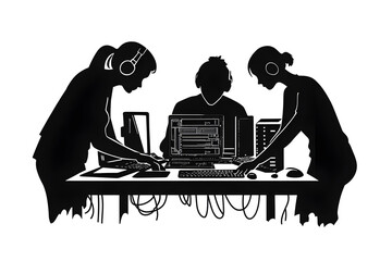 Silhouette of Tech Team: A close-up view of a focused tech team collaborating, their silhouettes set against the backdrop of a high-tech work environment