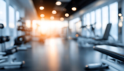 Fototapeta premium A blurred interior of a modern gym showcasing fitness equipment and natural light from large windows, creating an energetic atmosphere.