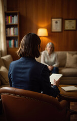 Fototapeta premium Female therapist or psychologist rear view sitting and talking with her patient in a modern, bright room conveying confidentiality and therapy. A comfortable conversation session with client