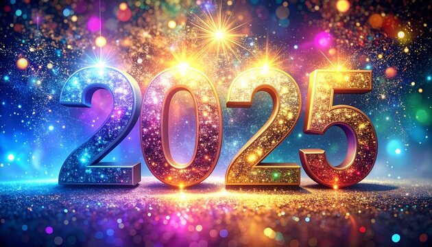 2025 iluminado con efectos brillantes y colores ne&oacute;n. A los lados aparecen esferas navide&ntilde;as resplandecientes, mientras fuegos artificiales y destellos de luz llenan el fondo.