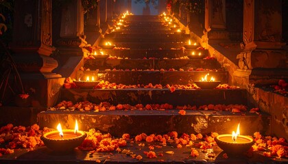 Warm glowing diya lamps and flowers on ancient temple steps.