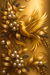 abstract golden background with a grape branch and a flying golden bird