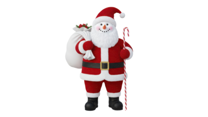 Isolated Christmas Santa Claus figure with snowman head, candy cane, and gift sack