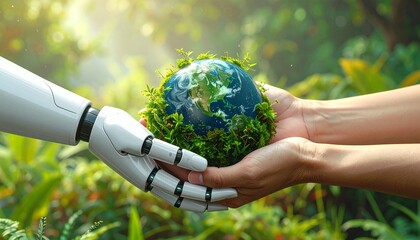 Robot and Human Hands Holding a Green Planet Earth Together.