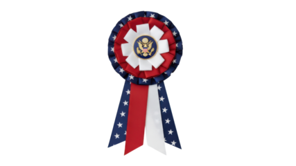 Red White and Blue Rosette Ribbon with US Presidential Seal, isolated on white background