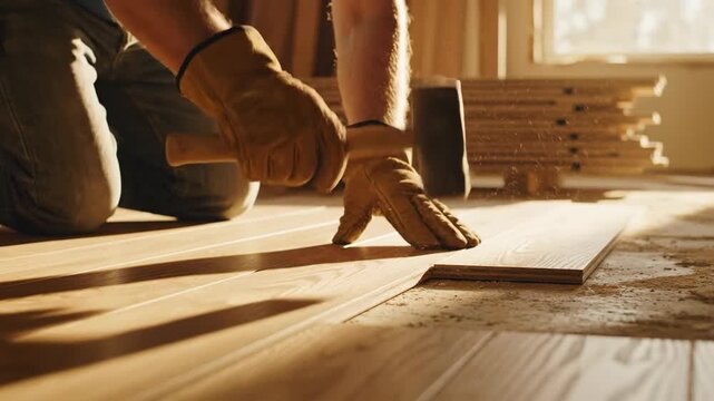 Worker install wood floor home renovation project