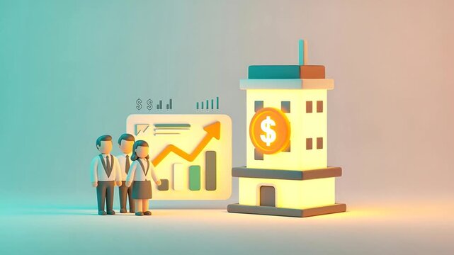 Dynamic business growth illustration with animated financial charts and dedicated office teams.