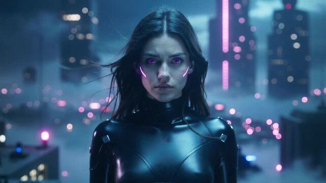 Girl with glowing eyes standing under pink neon light &mdash; futuristic dream portrait