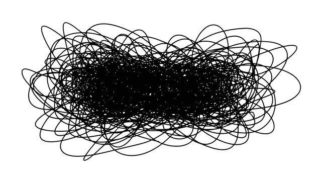 Chaotic tangle of black lines on white background representing confusion and complexity
