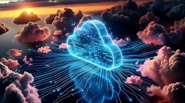 Glowing cloud icon with streaked motion effects, symbolizing ultra-fast cloud data transfer, high-speed networking and digital communication systems.
