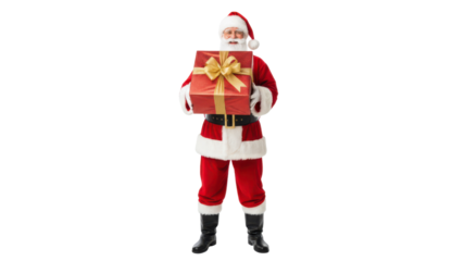 Santa Claus holding a red gift box with a gold ribbon, isolated on white background