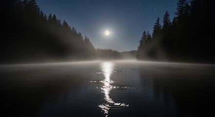 A serene lake reflects the bright full moon and its shimmering path through the misty air on a tranquil night.