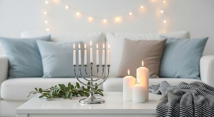 Cozy living room interior with candles pillows and festive winter holiday decorations