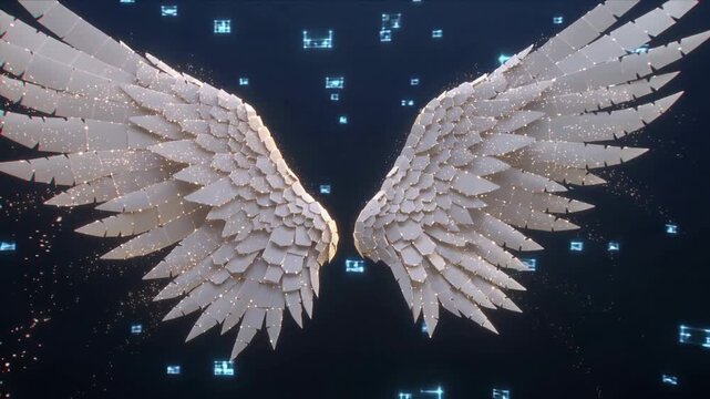 Digital angel wings made of light particles &mdash; cyber fantasy dreamcore concept