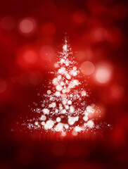 A beautiful abstract Christmas tree illuminated by sparkling lights on a warm red background, creating a festive atmosphere.