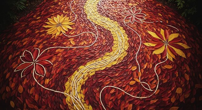 An abstract indigenous Australian dot painting depicts a winding yellow river flowing through a textured landscape of red and orange leaves with stylized flowers adorning its banks.
