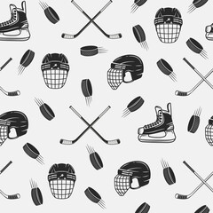 Ice Hockey seamless pattern. Vintage Hockey Helmets, Cues, ice skates and pucks icons isolated on white background. Vector illustration