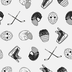 Ice Hockey Background. Ice Hockey seamless pattern. Vintage Hockey Helmets, Cues icons isolated on white background. Vector illustration