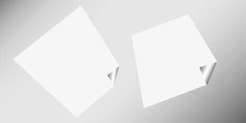 Square white sticky note paper pack, cut out. Empty oblong sticky label mockup with curl. Clear adherent tag template for glass door or wall. Random shifted white cube boxes block background . vector.