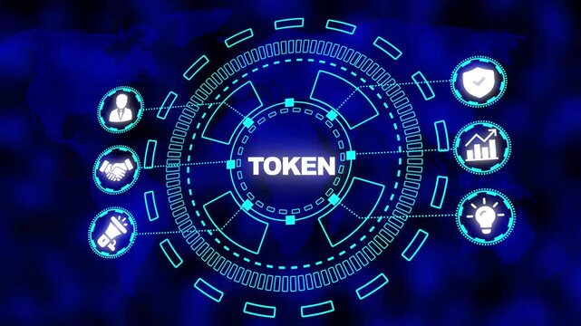 Token Network Interface with World Map and Business Icons in Neon Blue digital token blockchain
