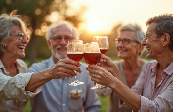 Group of mature friends celebrate retirement with wine, joyful cheers outdoors. Diverse senior men, women share happy moment during festive gathering. Toast to new beginnings, friendship under warm - Powered by Adobe