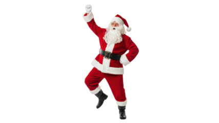 Happy Santa Claus in red suit raising arm and dancing isolated on white background
