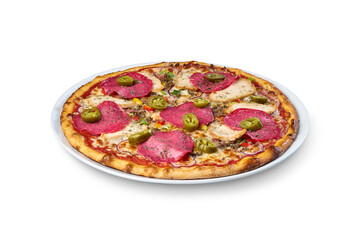 Delicious italian pizza topped with salami, chicken, jalapeños, and mozzarella cheese on transparency