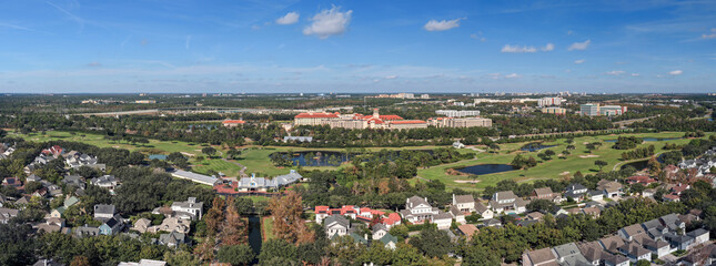 Aerial panoramic view of Celebration, Florida, USA. December 3, 2025. South of Orlando, FL.