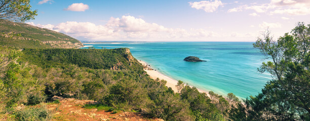 View of Arrabida beach. Rocky seascape. Setubal region, Atlantic Ocean, Portugal