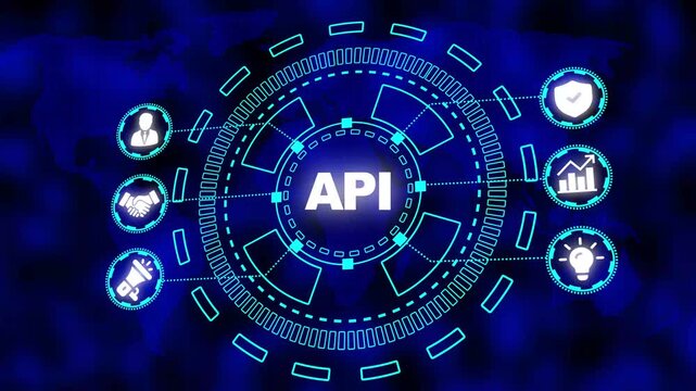 Abstract Network Hub with API Icons and Business Functions on a Global Map Background application programming interface