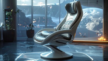 Sleek futuristic command chair in a modern room with a view of Earth from space.