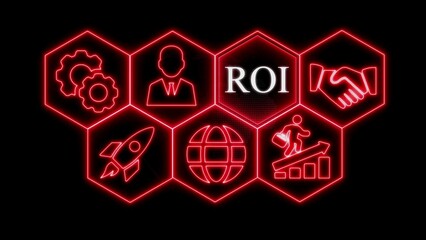 Red Neon Hexagons Illustrating Business Concepts Gears Person Globe Rocket Deal and Growth Chart with ROI Text