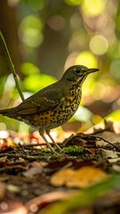 A brown and speckled bird sits on the ground amid leaf litter, out of focus foliage in the background