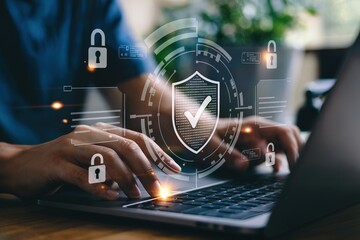 Cybersecurity concept with a businessman working on a laptop and a virtual lock icon interface photo