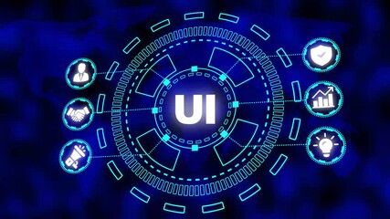 Digital concept of user interface design and development with icons on a world map background technology - Powered by Adobe