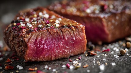 Juicy grilled steak with spices and seasonings on a dark surface highlighting tender texture and rich flavors for culinary photography and food presentations