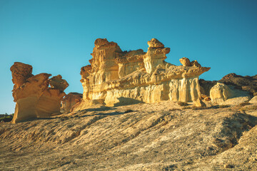 Mushroom rocks in the city of Bolnuevo in Mazarron. Costa Calida, Murcia, Spain. Las Gredas de Bolnuevo
