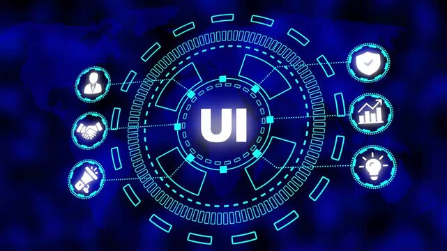 Digital concept of user interface design and development with icons on a world map background technology